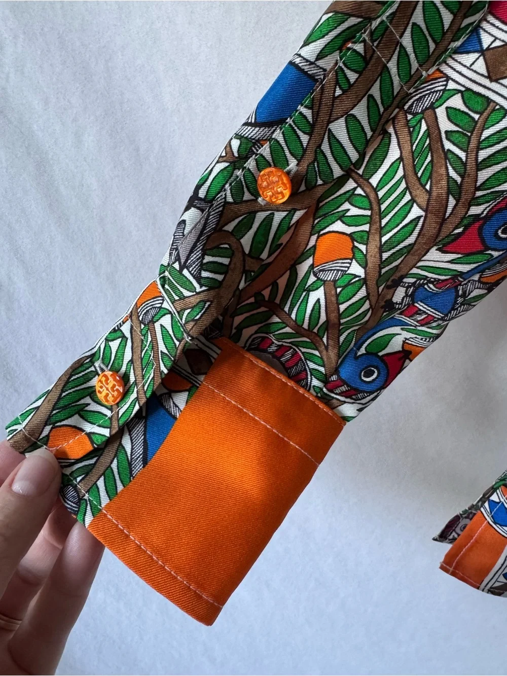 Tory Burch 100% Silk Tropical Bird Print Button Front Blouse Size 0 XS